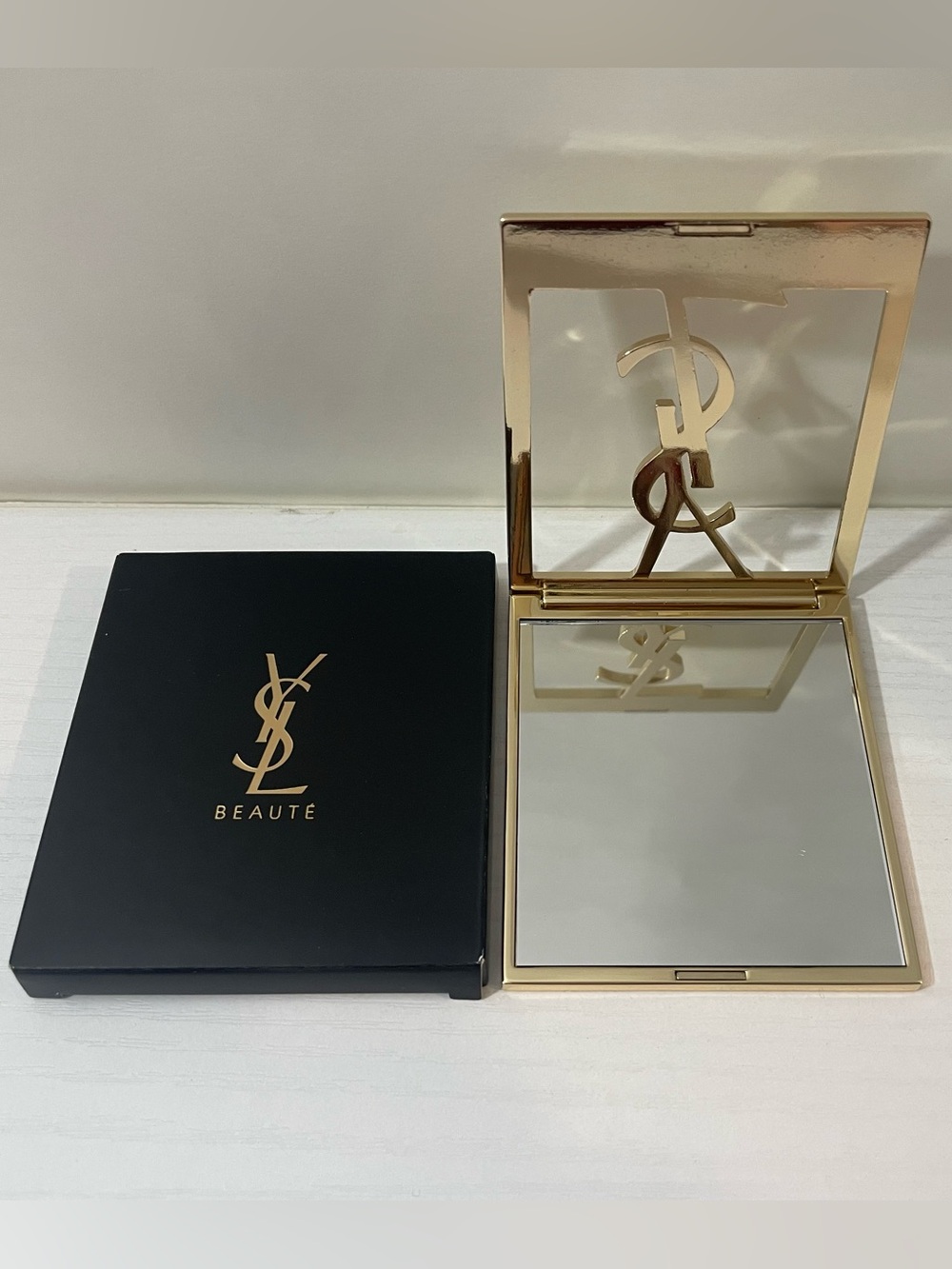 Yves Saint Laurent YSL Logo Gold Frame Compact Pocket Mirror